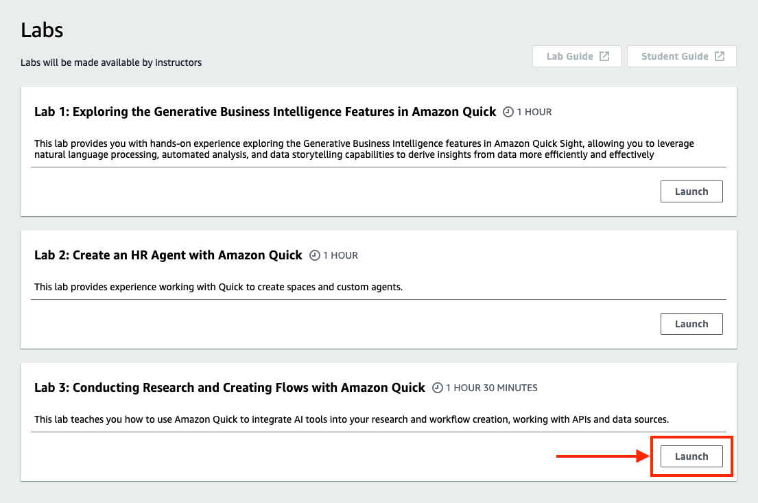Labs list showing Lab 1, Lab 2 and Lab 3. Lab 3, 'Conducting Research and Creating Flows with Amazon Quick', has its Launch button highlighted.