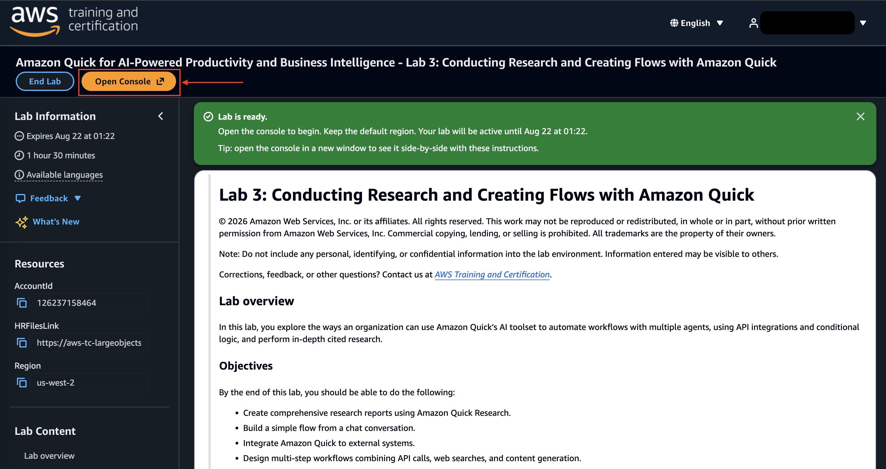 Lab 3 page with a green 'Lab is ready' banner and the orange 'Open Console' button highlighted. The left panel shows lab information and resources.