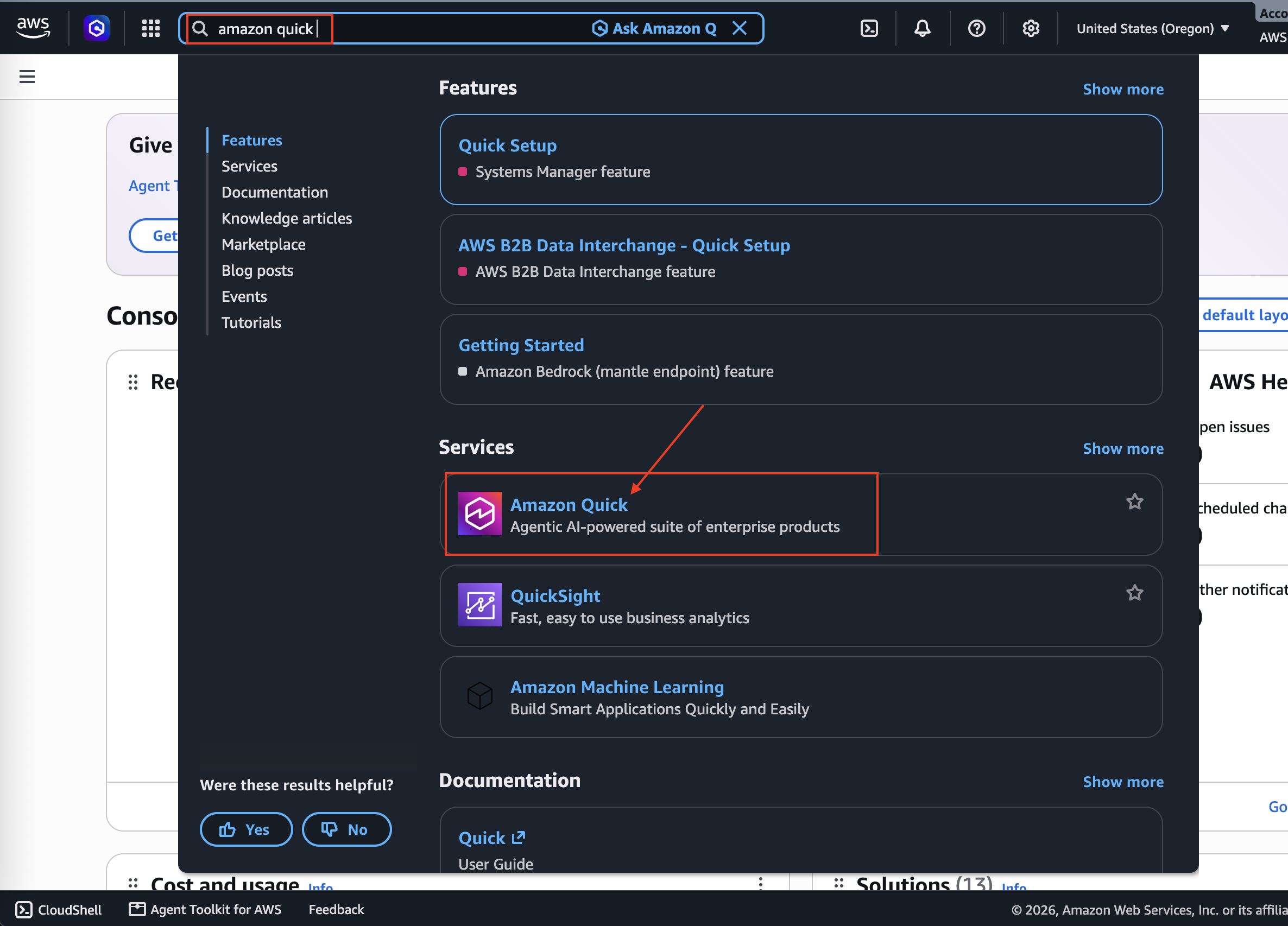 AWS console search results for 'amazon quick'. Under Services, 'Amazon Quick — Agentic AI-powered suite of enterprise products' is highlighted, above 'QuickSight — Fast, easy to use business analytics'.